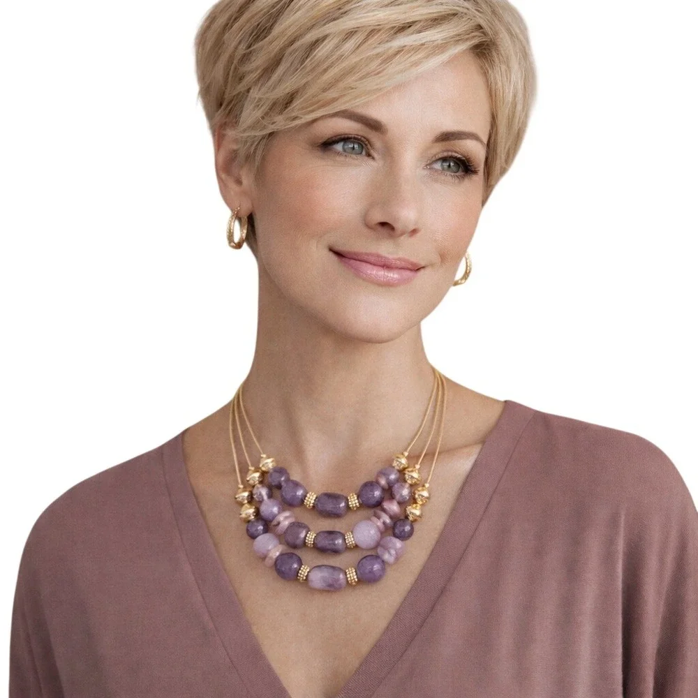 Chico's Beaded Statement Necklace Purple Agate Aventurine Gold Tone 3-Strand